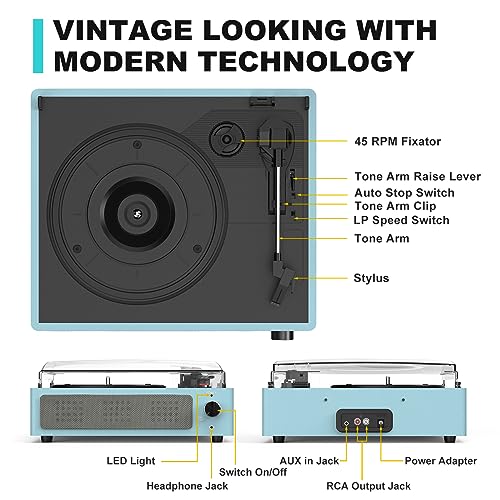 Image of Vinyl Record Player with Speakers New Sleek Sky Blue Turntable Wireless Receiver Bluetooth Playback 3 Speed 3 Size AUX-in RCA Line Auto Stop All-in-one LP Phonograph for Beginner Classic Blue