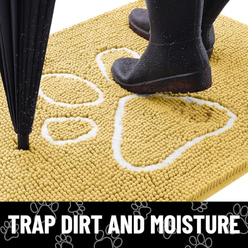 Image of Smiry Dog Door Mat for Muddy Paws, Absorbent Dirt Trapper Non Slip Quick Dry Washable Chenille Mat for Mud Dogs, Entry Rug for Indoor and Outdoor (48x30 Inches, Yellow and White)