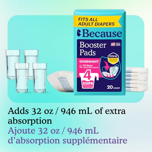 Image of Because Overnight Incontinence Booster Pads for Men and Women, Adds 4 Cups Extra Absorbency to Adult Diapers, Super Soft, Adhesive Strip Backing, Unisex, 20 Count