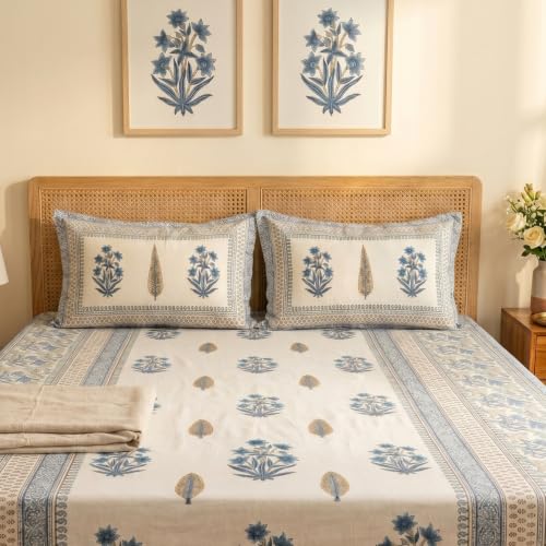 Image of Naksh Bedsheet for Double Bed King Size Blue Floral Block Print 2 Pillow Covers | Block-Print Inspired Design | Ornate Borders Heritage Craft in Bed Sheet Double Bed | Royal Sajawat Collection |