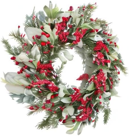20 Inch Artificial Christmas Wreath with Lambs Ear Leaves, Artificial Snow and Red Berries, Pine Needles for Home Wall Window Decor