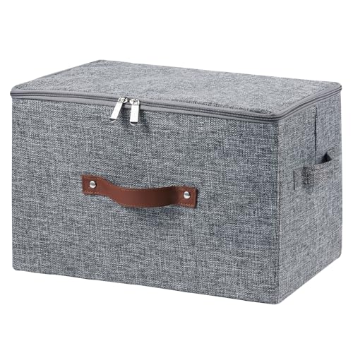 VinneGenzz Storage Bins with Zipper Lid Cotton Linen Fabric Lidded Storage Baskets Boxes Foldable Washable Closet Shelf Clothes Organizer Container with PU Leather Handles (Gray, Large Size)