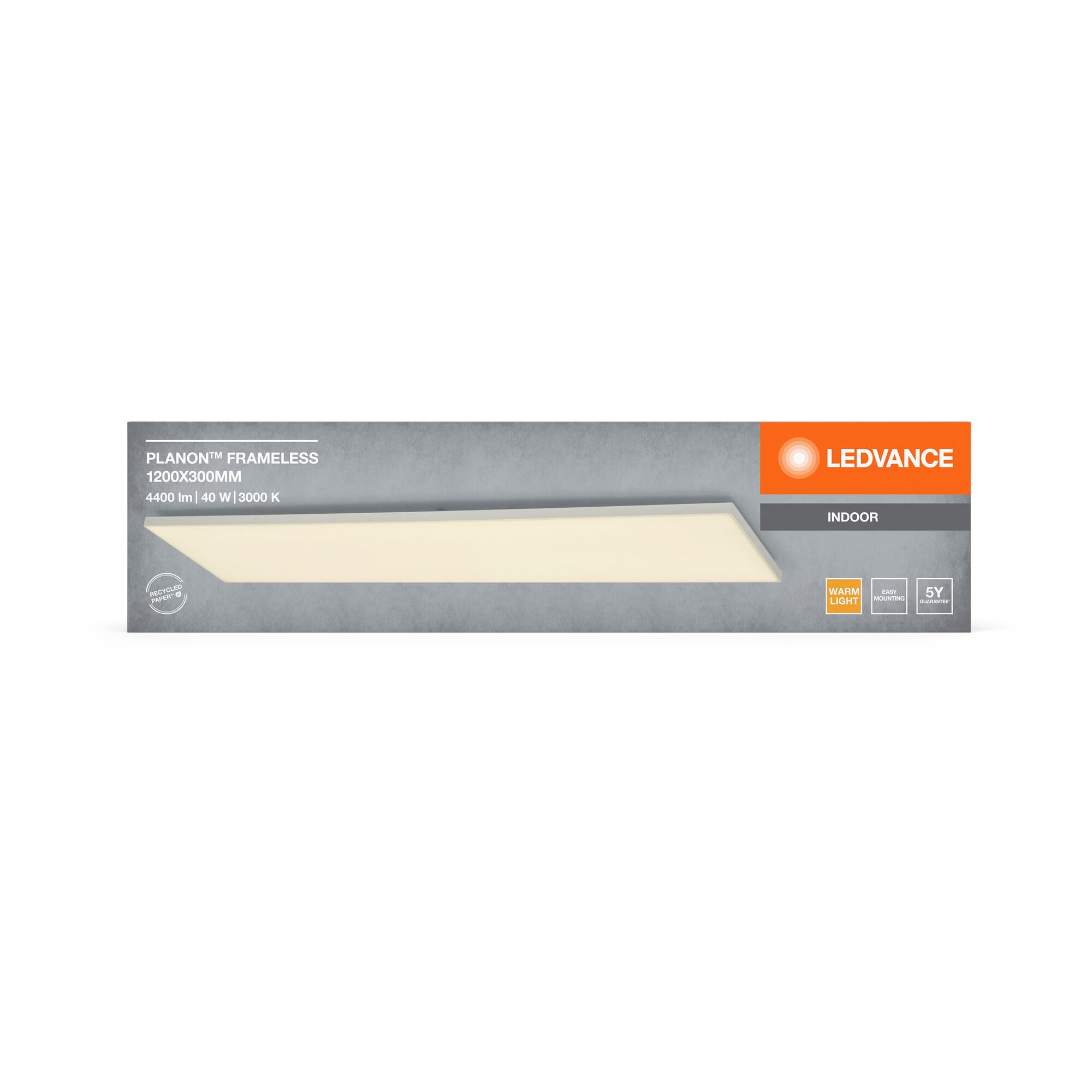 LEDVANCE Planon Frameless Deckenleuchte in Weiß mit fortschrittlicher LED-Technik, 40 W, rechteckige Form (1200 x 300 mm), warmweiße Lichtfarbe bei 3000 K, Aluminium-Gehäuse, mattierter PMMA-Diffuser