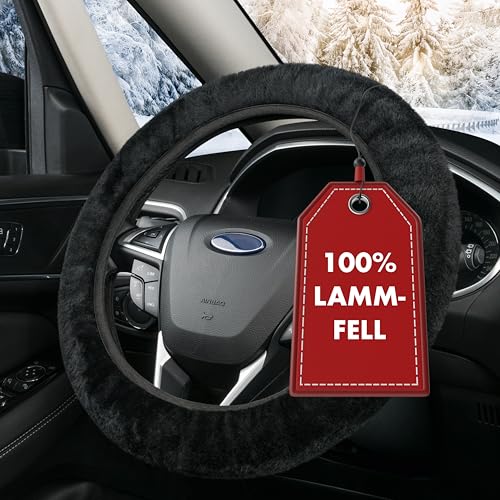 WALSER Lenkradbezug aus 100% Lammfell – Auto Lenkradschutz Winter, Fell Lenkradbezug, extra weich warm, universell passend, schwarz