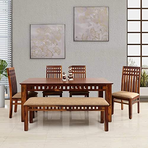 Image of SHRI MINTU'S ART Sheesham Wood Dining Table 6 Seater | Six Seater Dinning Table with 4 Chairs & 1 Bench for Home | Dining Room Sets for Kitchen & Restaurants | Chairs with Cushion | Natural Brown