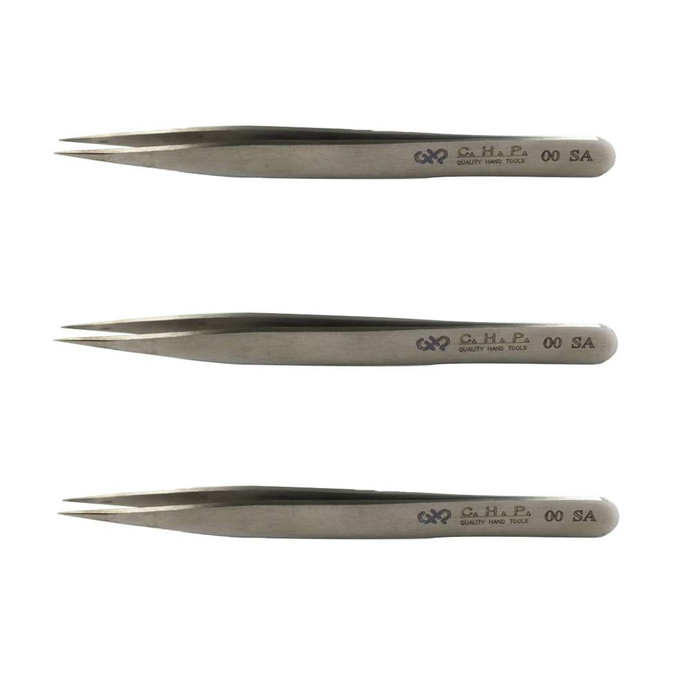 Hakko CHP 00-SA - Pinzas de punta fina, rectas, puntas planas, acero inoxidable no magnético, resistente a la corrosión, agarre suave, 4-1/2 pulgadas de longitud (paquete de 3)