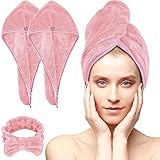 Acksonse Haarturban 3 Stück, Turban Handtuch mit Knopf, Schnelltrocknend Haarhandtuch für Frauen, Mikrofaser Handtuch für Kopf und Lange Haare (Rosa 2 Bandanas + 1 Stirnband)