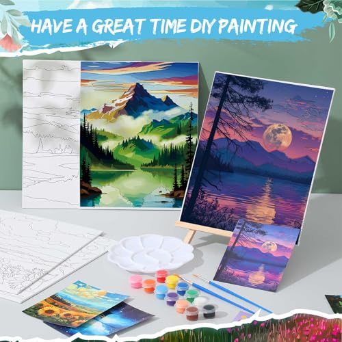 Tenceur 16 Sets Pre Drawn Canvas to Paint for Sip and Paint Party, 8 x 10 Inch Preprinted Framed Pre Sketched Coloring Canvas with Easels and Brushes for Adults Kids Party Supplies(Landscape)