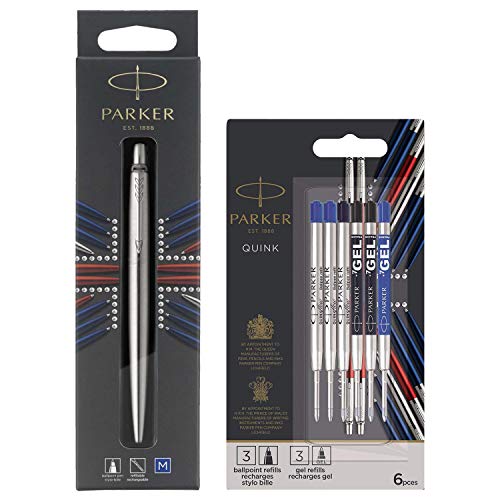 Parker Jotter Stainless Steel C.C. Kugelschreiber + Parker 2032738 Jotter London Nachfüllminen im Discovery Pack (3 QuinkFlow-Nachfüllminen für Kugelschreiber und 3 Quink-Nachfüllminen mit Geltinte)