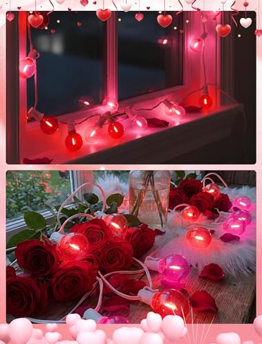 Image of 25 Pack G40 LED Red and Pink Replacement Light Bulbs, Shatterproof G40 LED Globe Lights Bulbs for Outdoor Patio String Lights Valentine's Day Party Christmas Decor, E12 C7 Candelabra Base, 2700K