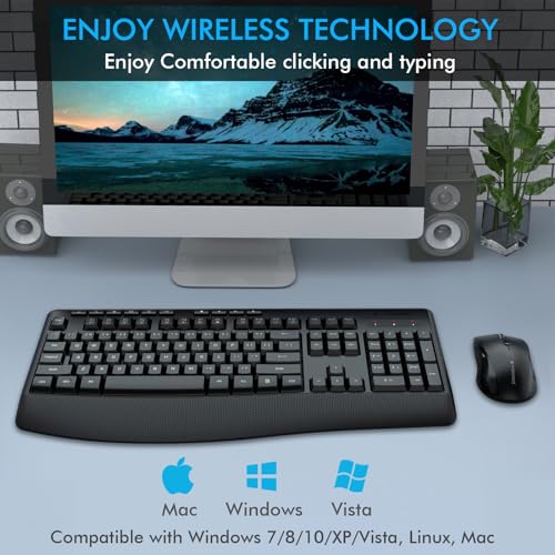 Image of Wireless Keyboard and Mouse Combo, Full Size Ergonomic with Wrist Rest