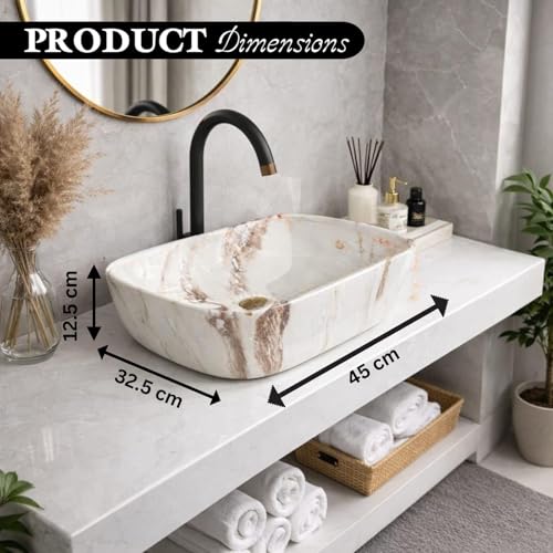 Image of Ceramic Tabletop Wash Basin - Glossy Rectangular Countertop Vessel Sink with Marble Finish for Bathroom & Vanity | Compact 18 x 13 x 5 Inch | Elegant Washbasin