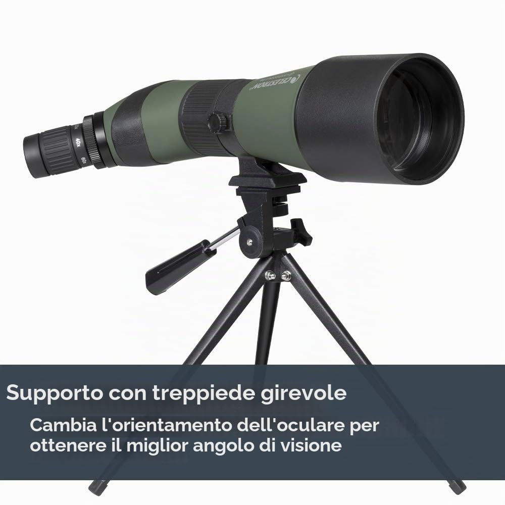 Celestron 52329 LandScout 80mm Cannocchiale ad angolo rinforzato in gomma, ottica completamente rivestita, oculare zoom 20–60x, treppiede da tavolo e adattatore per smartphone, Verde