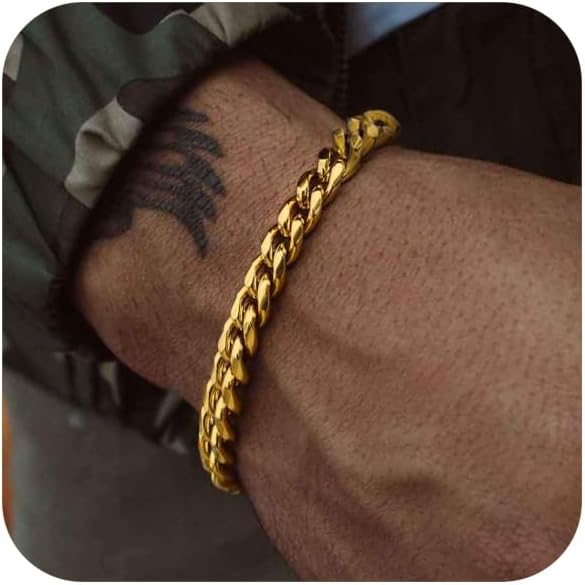 ChainsPro Cuban Link Bracelet for Mens, 6/10/14 mm, 19-21CM Length, 18K Gold Plated/316L Stainless Steel/Black-With Gift Box