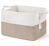 Mkono Woven Storage Basket, Cube Cotton Rope Basket for Shelves, Clothes, Toys, Towels, Books, Rectangle Bin with Handles for Organizing, Decorative Gift, 13'' x 10'' x 9'', Brown and White (1 Pack)
