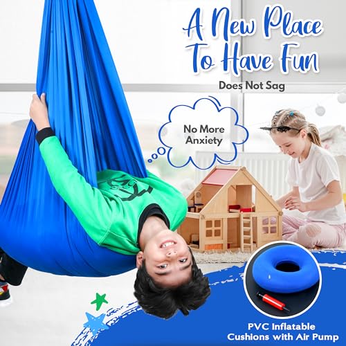 DINIC Sensory Swing for Kids Indoor and Outdoor, Sensory Hammock with Inflatable Cushion and 360° Swivel, Pod Swing for Kids and Adults Holds 180 LBS, Blue - with Additional Toys - Image 7