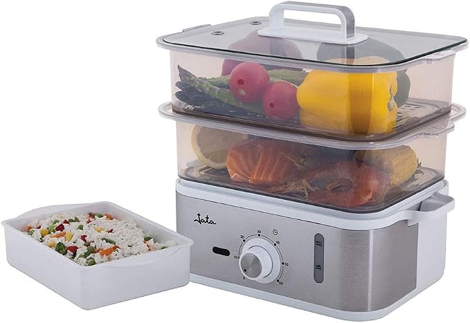 Jata CV623 Vaporera Cocina Sana 6,8L con Cestas, Recipiente Arroz, Temporizador 60 Min y Acero Inoxidable