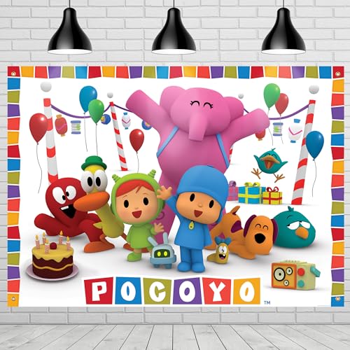 Treasures Gifted Officially Licensed Pocoyo Party Supplies - 4.3ft Tall x 6ft Wide Backdrop - Pocoyo Birthday Decorations - Silky Fabric Birthday Banner Backdrop