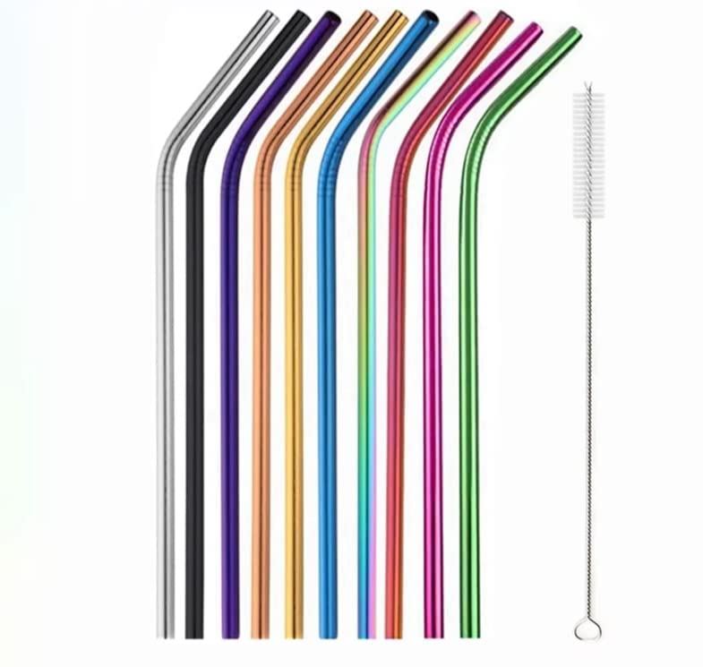 10 Pailles réutilisables en Acier Inoxydable mutli couleurs Paty&Co 304, en Métal, Droites et Courbées, avec Étui, Ensemble de Brosses de Nettoyage, Accessoires de Bar et de Fête