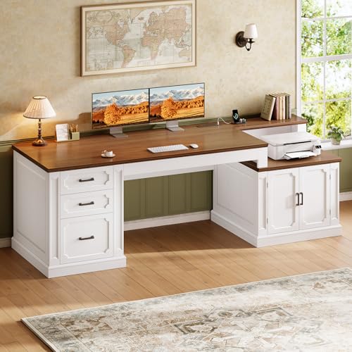 Image of SEDETA Farmhouse 70.9 inch Executive Desk, Home Office Desk with File Drawers and Storage Cabinet, Computer Desk with Power Outlet for Home Office, Work Study Writing, White+Brown