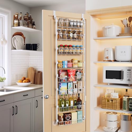 Image of Delamu Over The Door Pantry Organizer, 8-Tier Metal Pantry Door Organization and Storage for Easy Install, Hanging Spice Rack Seasoning Shelves, Door Organizer for Kitchen, 4.65 inchD x 18 inchW x 65 inchH, White