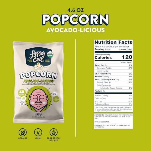Image of LesserEvil Avocado-licious Organic Popcorn, Amazon Exclusive, Premium Quality, Minimally Processed, No Vegetable Oil, 4.6 Oz, Pack of 3