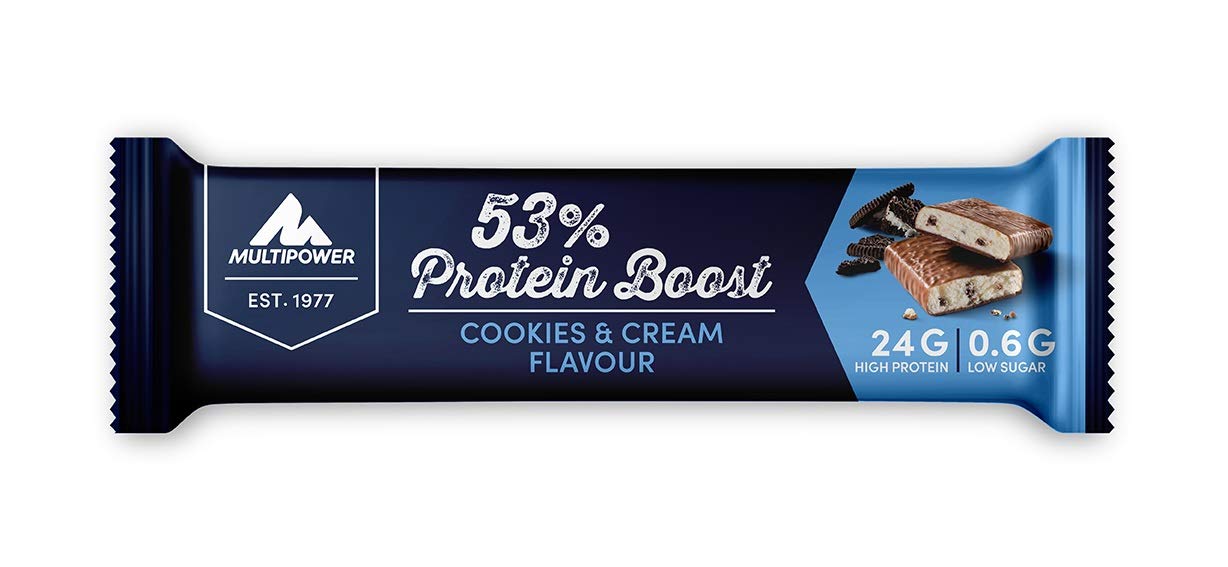 Multipower 53% Protein Boost – 20 x 45 g Protein Riegel Cookies & Cream mit 53% hochwertigem Protein – 24 g Eiweiß und 1,3 g Zucker je Eiweißriegel