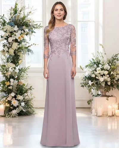 Women's Chiffon Mother of The Bride Dresses - Half Sleeve Lace Floor Length Formal Evening Dresses4