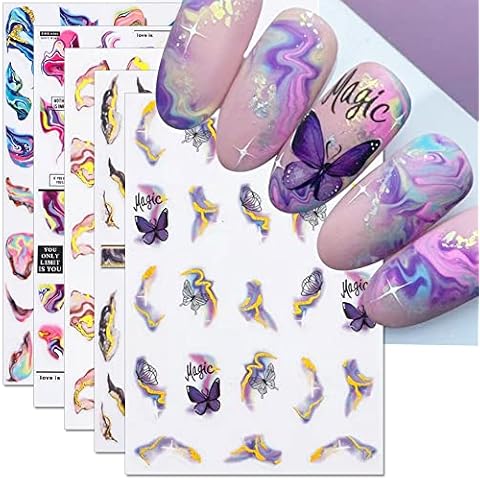 6 Blatt 3D Lila Schmetterling Nagelstickers Selbstklebend Nagelaufkleber Schmetterlinge Nail Sticker Bunte Blühen Marmor Nagel Stickers Regenbogen Welle Linien Nail Art Aufkleber Nageldesign Zubehör Cover