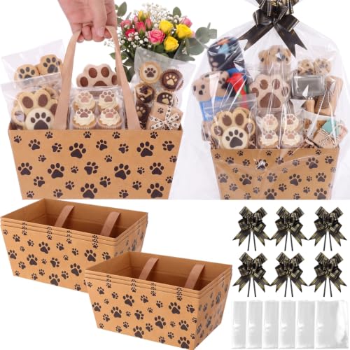 Funnymoom 6 Pack Dog Paws Kraft Gift Baskets Empty Set with Pull Bows