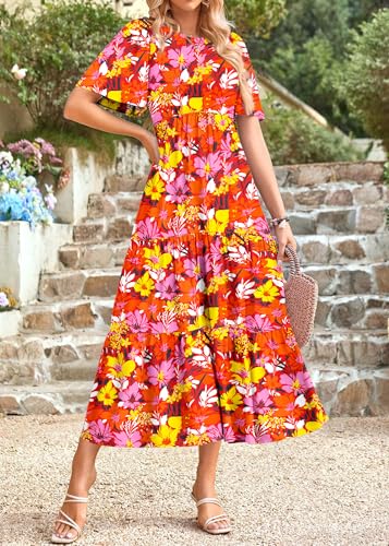 Image of KIRUNDO Summer Dresses for Women 2026 Spring Casual Flutter Short Sleeve Wedding Guest Smocked Flowy Tiered Aline Midi Dress