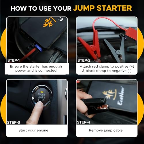 Image of EcoNour 400A Peak Jump Starter, 5400mAh Battery for 3.0L Gas Engines, 5V /2A USB Output, Includes Jump Clamp, 4-in-1 USB Cable, Home Adapter, and Bag | Compact & Lightweight | Black