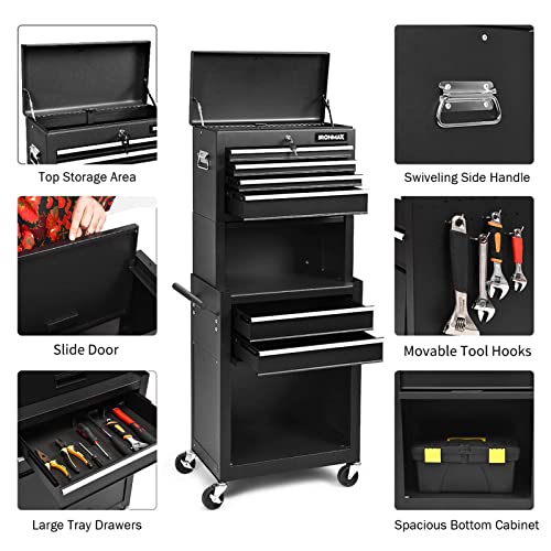 Ironmax 6-Drawer Tool Cabinet On Wheels, Lockable 3 In 1 Heavy Duty Toolbox Organizer W/ 4 Universal Wheels & Hooks, Detachable Metal Tool Chest For Garage, Warehouse, Repair Shop (Black) #TOP7
