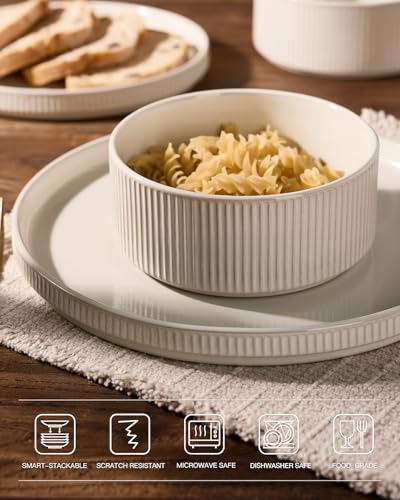 Image of Famiware Stoneware Dinnerware Sets for 8, 24pc Rimmed Plates, Bowls, Dishes | Chip & Scratch Resistant Ceramic, Microwave & Dishwasher Safe, Everyday & Formal Use, Modern Rustic, Lipped Edges, Oat White