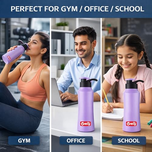 Image of GRECY Tic Toc 800ml Stainless Steel Water Bottle Lavender Purple | Single Wall Fridge Bottle | Flip Cap Leak Resistant | BPA Free Food Grade Steel Lightweight | Office,School,Gym,Travel Made in India