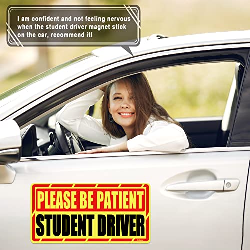 Image of Student Driver Car Magnet, 2 Pack Super Large Please Be Patient Student Driver Signs for Car, Reflective New Driver Vehicle Bumper Magnetic Sticker, Novice Driver Safety Warning Sign, 12x6in