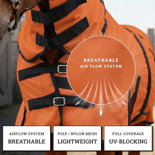Image of Horse Fly Sheet with Attached Neck Cover & Tail Flap | UV Protection Mesh Horse Blanket, Full Body Bug & Sun Shield, Buckles, Belly Wrap & Gussets for Spring Summer Riding Rug (Orange, 76 inch)
