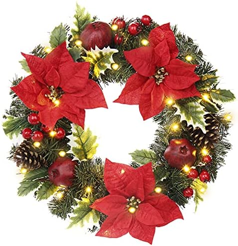 Couronne De Noël 30CM Avec Lumières LED - Guirlande Artificielle Flocons De Neige, Baies Et Pomme De Pin