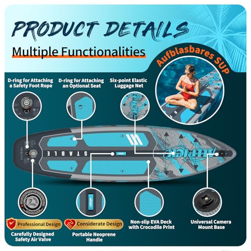 ALLPICK Premium SUP Board Set, Stand Up Paddling Board Aufblasbar, Mit Universal Kamerahalterung, Komplettes Zubehör, Verstellbares Paddel, Anfänger, Fortgeschrittene,200kg,Graublau
