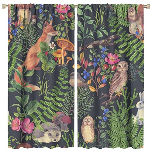 JESTRONRY Forest Wildlife Curtains,Owls Fox Squirrel Branches Forest Animal Room Darkening Door Window Rod Pocket Curtain for Living Room Kids Boys Girls Bedroom W42xL45in