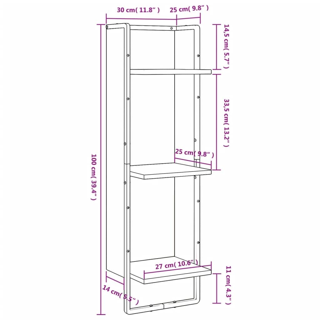 Wandregal 3 Fächer Sonoma Eiche Schweberegal Holzwerkstoff 30 x 25 x 100 cm Wandmontage für Aufbewahrung von Deko Büchern Organizer, Stabilität und Ordnung im Wohnzimmer