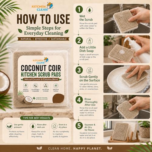 Image of Kitchen Clean Natural Coconut Coir & Cellulose Blend Dish Scrubber Sponge, Eco-Friendly Biodegradable Kitchen Cleaning Sponge, Non-Toxic Long-Lasting Scrub Pads for Utensils, Pots & Pans - Pack of 8