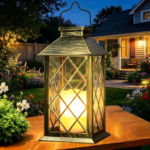 Yowin Lanterne Solaire Exterieur 35cm Grande Lampe Solaire Jardin avec Bougie, Verre Trempé, Lampe de Table Étanche Suspension Lampe, Solaire Exterieur a...