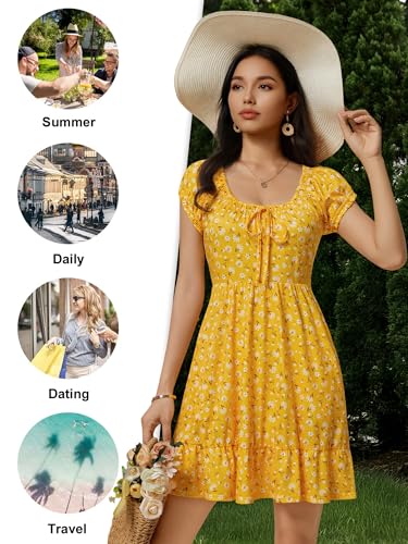 Image of HUHOT Teen Petite Women Floral Short Summer Mini Dresses with Pockets Cute Milkmaid Sundress 2026