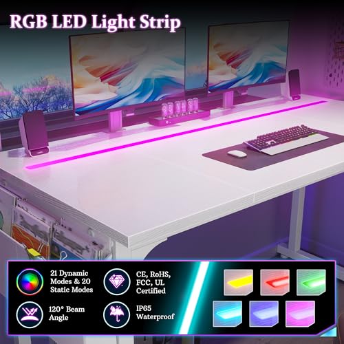 Image of DurayLoly 71 inch Computer Desk LED Lights, Large Office Desk for 3 Monitors or 2 laptops,Long Desk with Storage Bag&Headphone Hook for Study Writing Work Gaming Desk,Sturdy Metal Frame,Bedroom,White