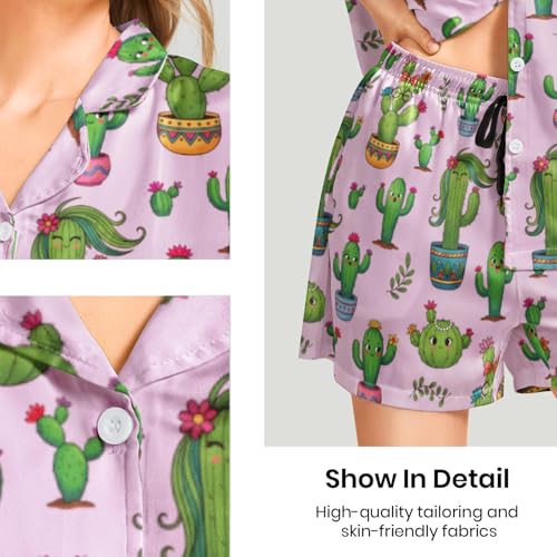 Image of Funny Pajamas for Women Set Print Satin Loungewear Pjs Short Sleeve Button Down Top and Shorts Sets Sleepwear XS-3XL