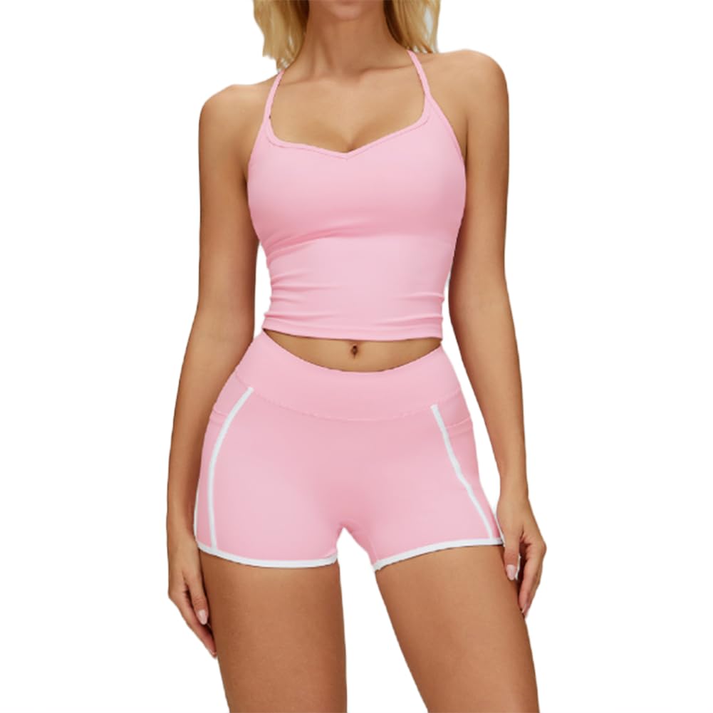 JPXJGT Women Breathable Fashionable Workout Quick Dry Compression Two Tone Sporty Tank Top and Shorts Set(Size:S,Color:Pink)