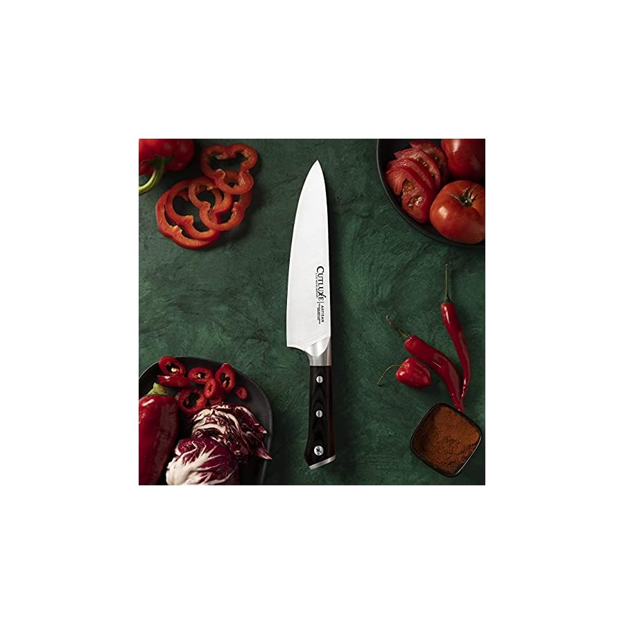 CUTLUXE-Chef-Knife--8-Cooking-Cutting-Kitchen-Knife--Razor-Sharp-Blade-Forged-from-High-Carbon-German-Steel--Ergonomic-Handle-Full-Tang-Design--Artisan-Series Cutluxe Chef Knife – 8" Razor Sharp Blade, Ergonomic Handle Design, Full Tang High Carbon German Steel, Sheath Included – Artisan Series