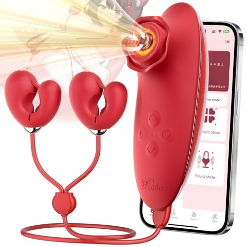Heating Sex Toys Sucking Vibrator - Detachable Rose Sucker & Nipple Clamps APP Remote Control Clitoral Stimulator with 5 * 5 Suction Adult Toy for Women Female G-Spot Clitoral Nipple Anal Sex Pleasure
