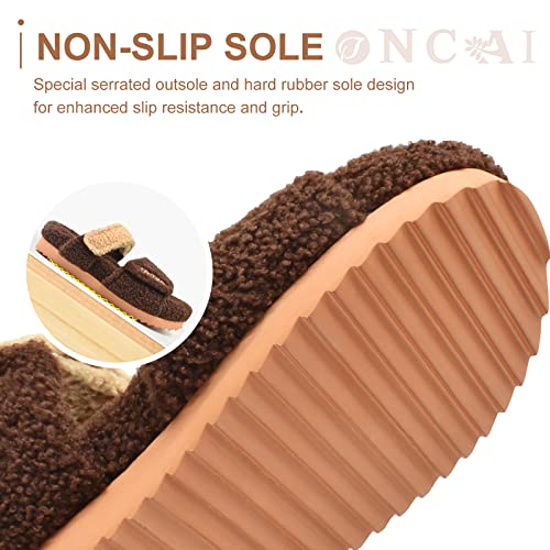 Oncai Womens Open Toe Platform Slippers,Arch Support Sherpa Slides,Faux Fluffy Mothers Day Gift Sandals With Memory Foam Footbed And Adjustable Strap Brown Us Size 8 #TOP4
